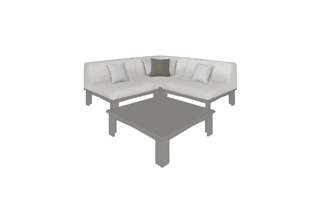 A minimalist Mainstay Sectional 4 Piece Diamond by Ledge Lounger features light cushions and cozy corner pillows—two white and one dark—beside a square gray coffee table, all on a white backdrop.