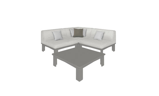 A minimalist Mainstay Sectional 4 Piece Diamond by Ledge Lounger features light cushions and cozy corner pillows—two white and one dark—beside a square gray coffee table, all on a white backdrop.