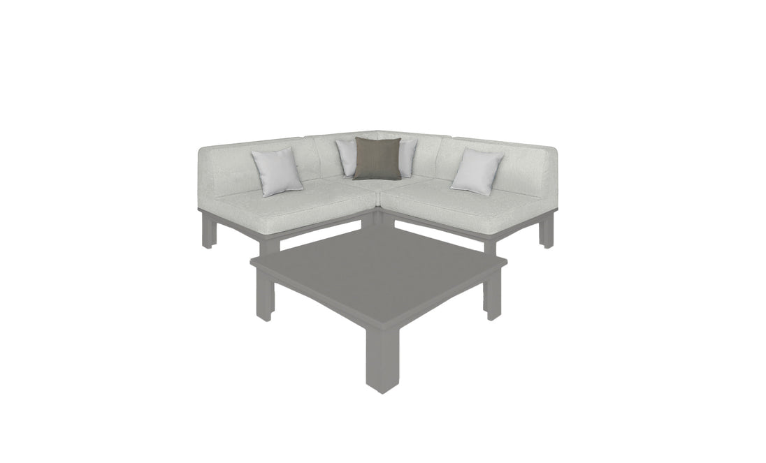 The Mainstay Sectional 4 Piece Diamond by Ledge Lounger in gray forms a cozy corner with two white and one dark gray cushion against a blank background, complemented by a matching rectangular coffee table for an inviting setup.