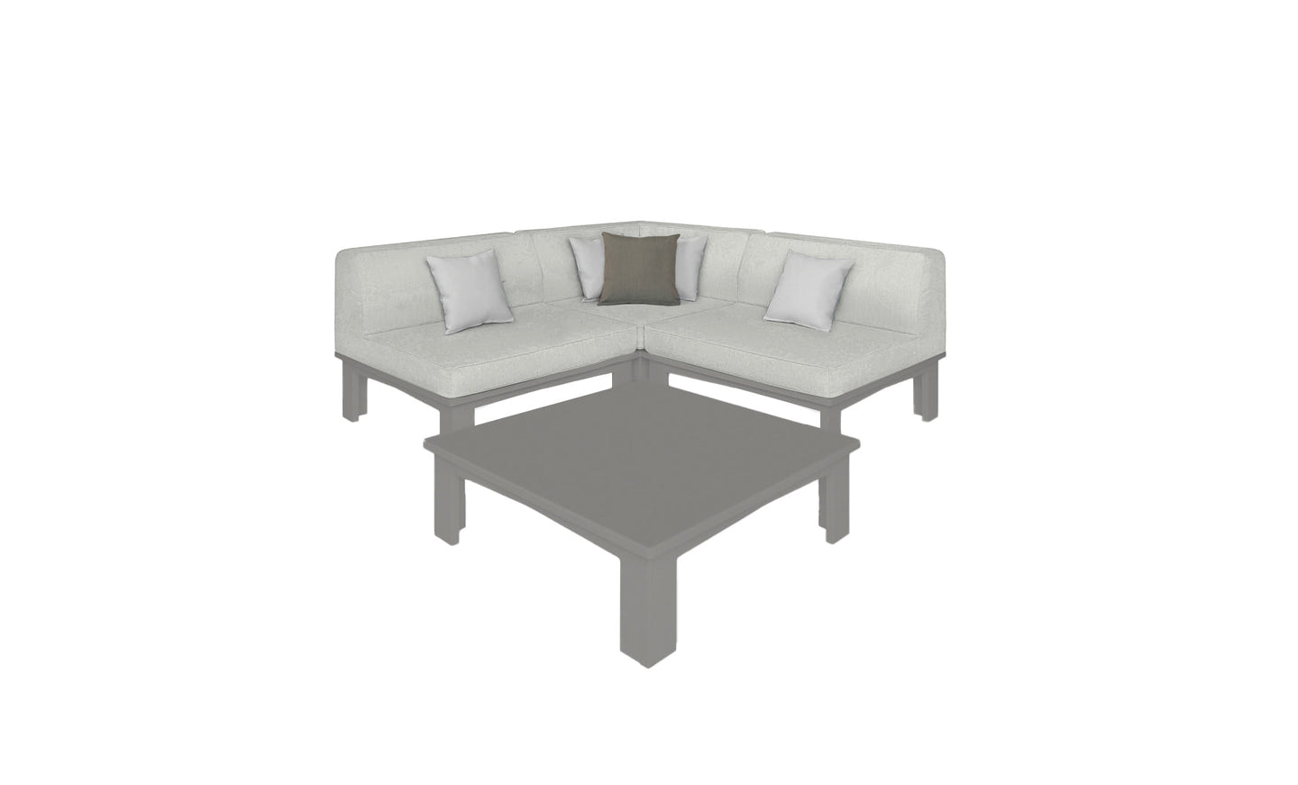 The Mainstay Sectional 4 Piece Diamond by Ledge Lounger in gray forms a cozy corner with two white and one dark gray cushion against a blank background, complemented by a matching rectangular coffee table for an inviting setup.