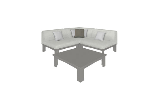 The Mainstay Sectional 4 Piece Diamond by Ledge Lounger in gray forms a cozy corner with two white and one dark gray cushion against a blank background, complemented by a matching rectangular coffee table for an inviting setup.