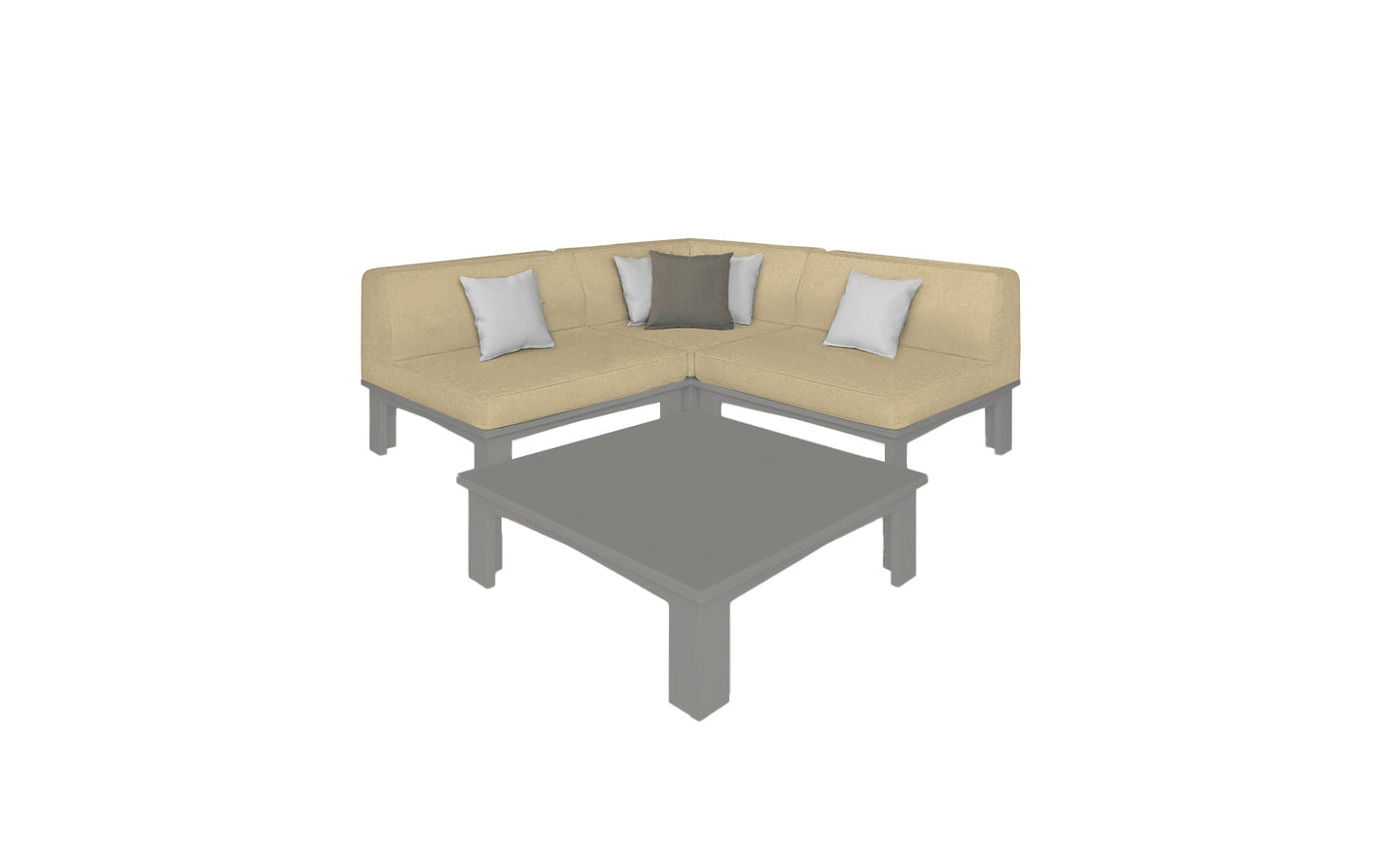 The Mainstay Sectional 4 Piece Diamond by Ledge Lounger features an inviting beige L-shaped sectional with three white cushions, two grey ones, and a square grey coffee table.