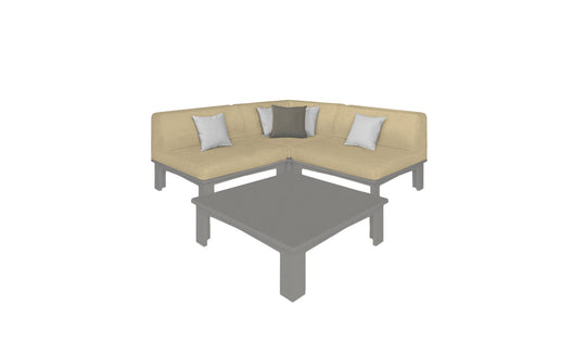 The Mainstay Sectional 4 Piece Diamond by Ledge Lounger features an inviting beige L-shaped sectional with three white cushions, two grey ones, and a square grey coffee table.