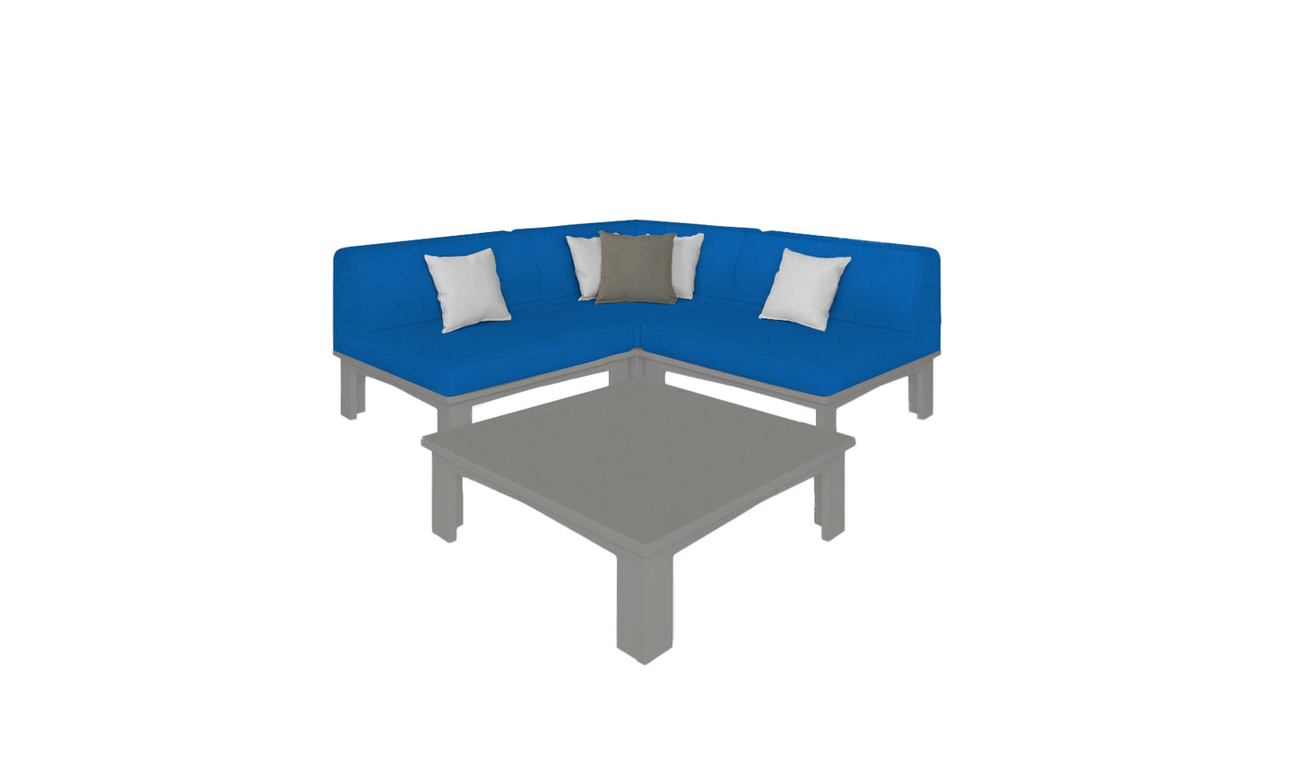 A cozy corner awaits with the Ledge Lounger Mainstay Sectional 4 Piece Diamond, a blue L-shaped sectional adorned with three white and one gray throw pillow, perfectly paired with a square gray coffee table.