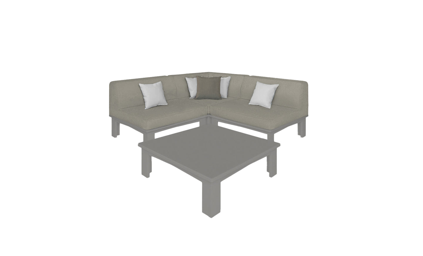 The Mainstay Sectional 4 Piece Diamond by Ledge Lounger features a gray L-shaped design with white and dark gray throw pillows, creating a cozy corner. Paired with a matching gray rectangular coffee table, the set is showcased on a plain white background.