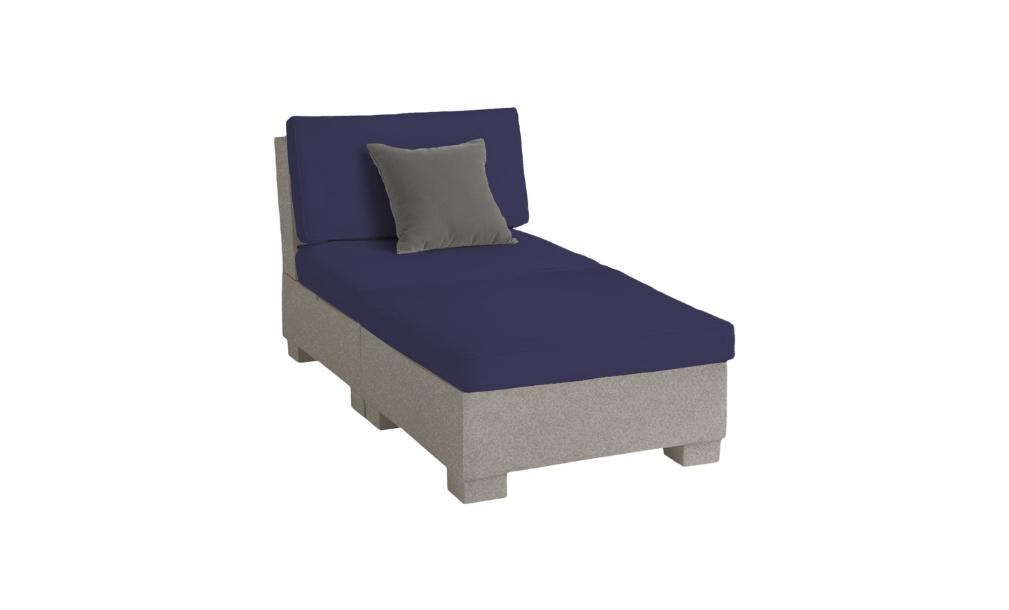 The Signature Sectional 2 Piece Sun Chair by Ledge Lounger features a gray upholstered chaise lounge with dark blue cushions and a gray throw pillow. Crafted from durable materials, it boasts a simple, modern design with four square legs, perfect for casual or contemporary settings.