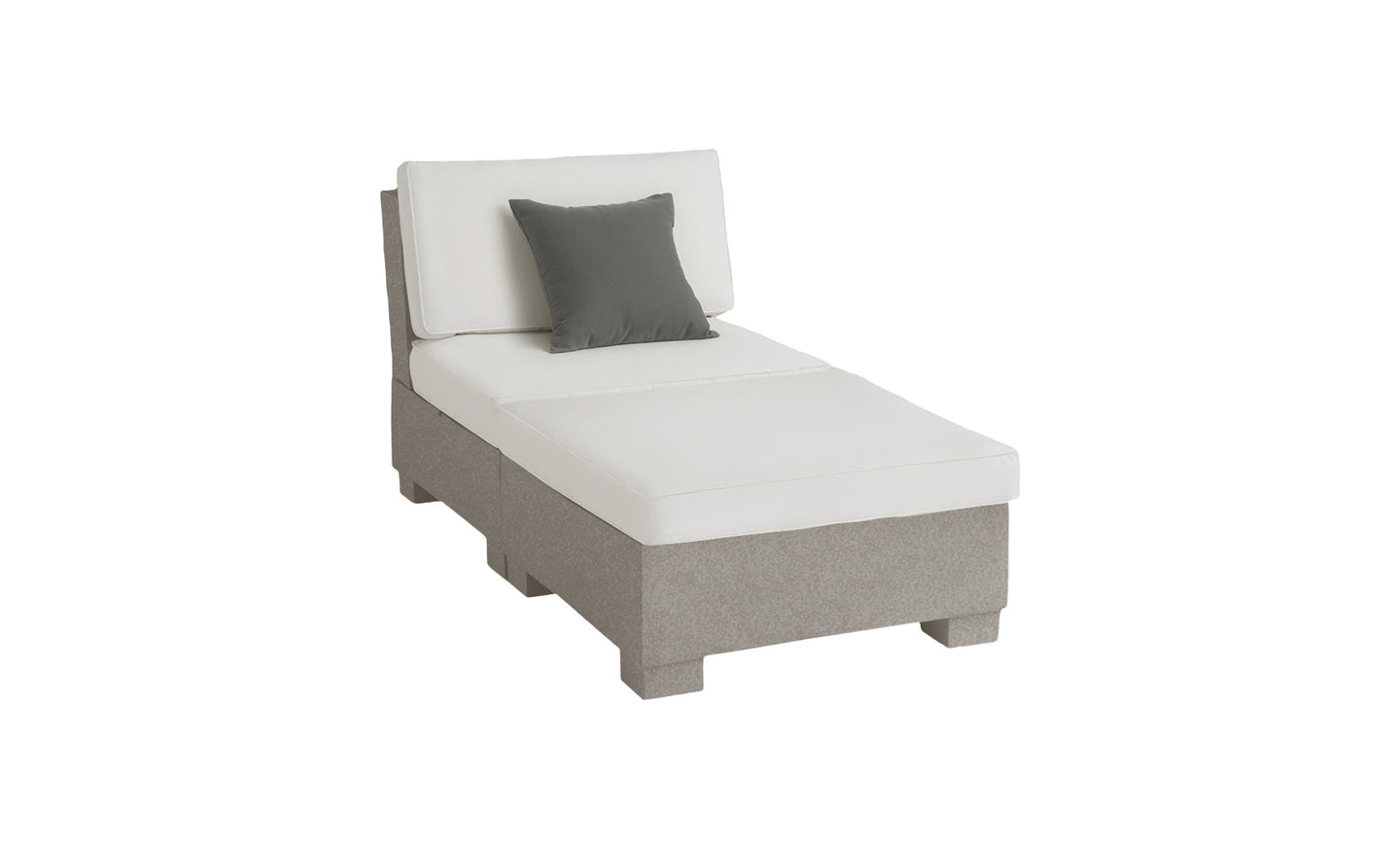 The Signature Sectional 2 Piece Sun Chair by Ledge Lounger is crafted with durable materials, featuring a light gray cushion and dark gray square pillow. Its minimalist design and short block legs promise serene relaxation against a crisp white background.