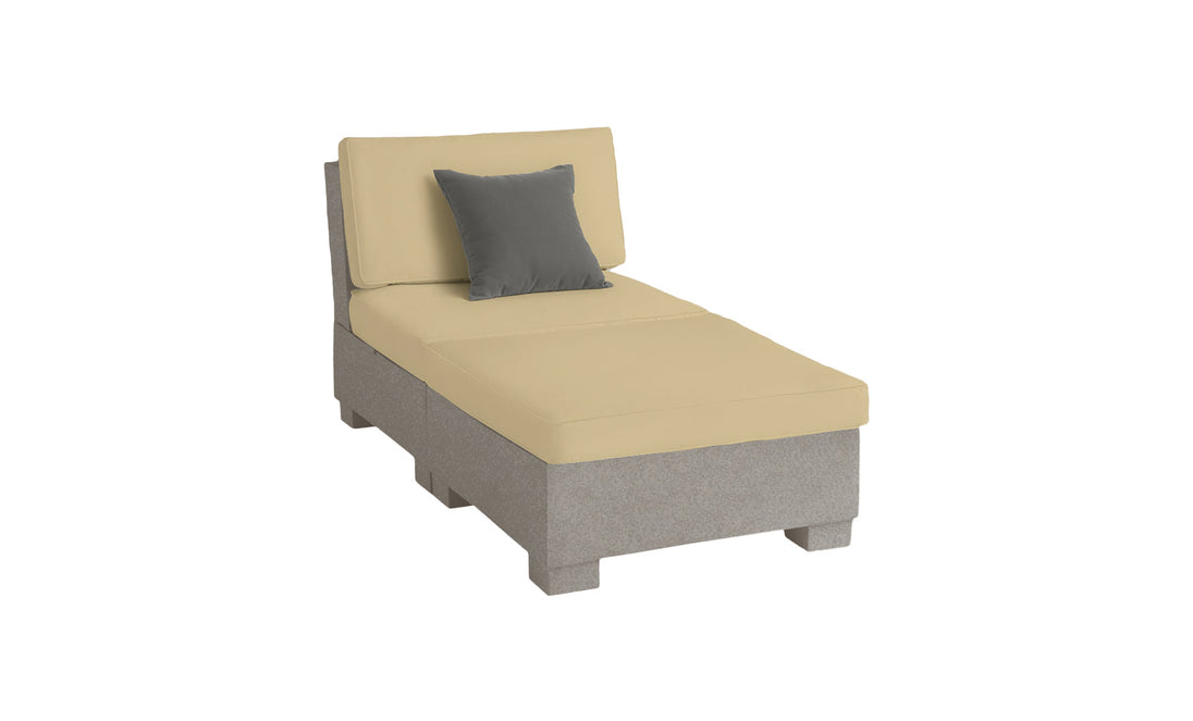 The Signature Sectional 2 Piece Sun Chair by Ledge Lounger boasts a plush beige and gray design with a cushion pillow, featuring sturdy construction for lasting comfort. Its durable materials ensure relaxation, and it is shown isolated on a white background.