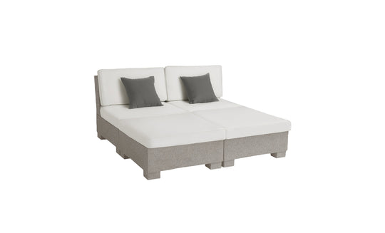 The Signature Sectional 4 Piece Sun Chair by Ledge Lounger is a modern, spacious beige and white sofa with two sections. It features gray throw pillows on a white background, designed for stylish relaxation.