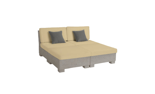 The Signature Sectional 4 Piece Sun Chair by Ledge Lounger offers a beige modular sofa with spacious seating, including two seat cushions, two back cushions, and gray accent pillows on a light gray base. Its low-profile and contemporary design brings relaxation and modern comfort to any living space.