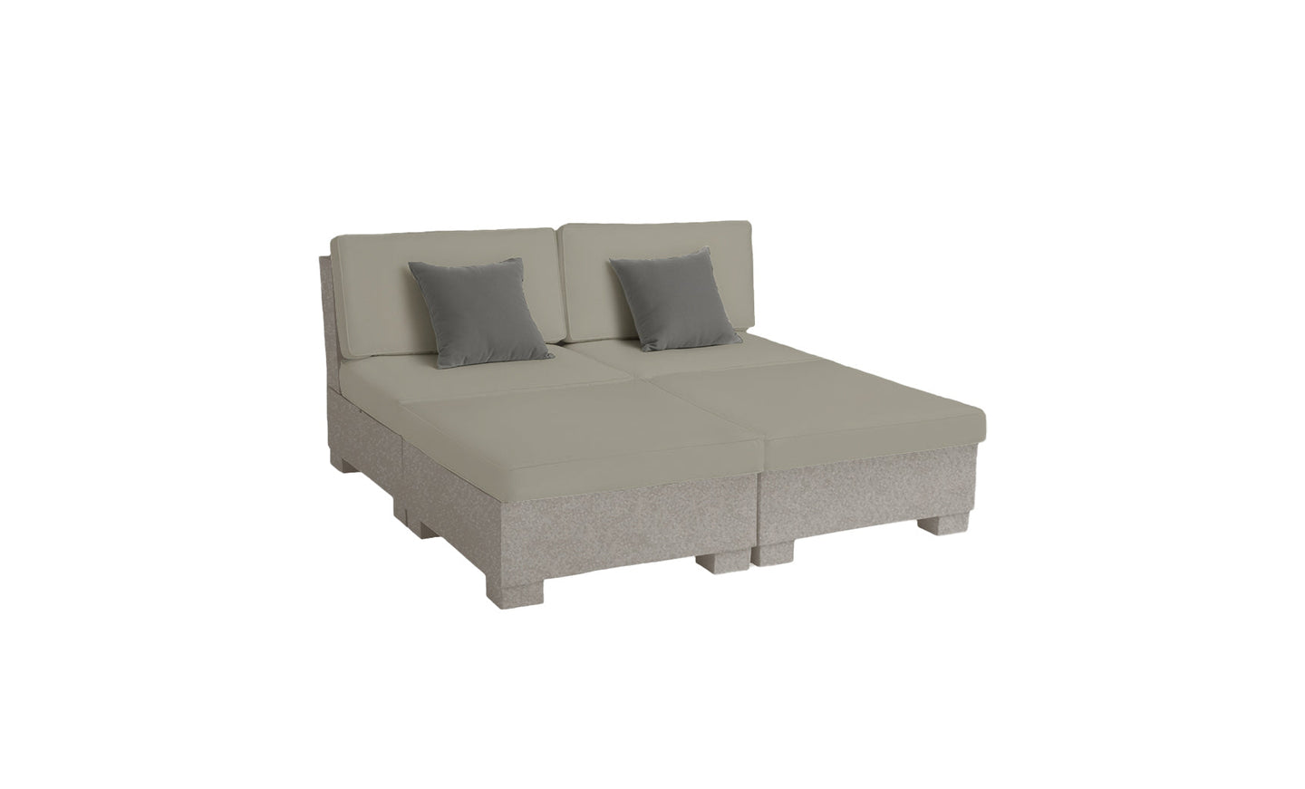 The Signature Sectional 4 Piece Sun Chair by Ledge Lounger is a modular gray sofa with a minimalist design, two seat cushions and backs, small gray accent pillows, and spacious seating for ultimate relaxation in any living room.