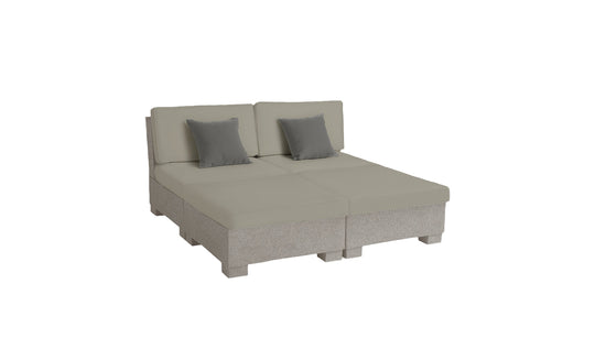 The Signature Sectional 4 Piece Sun Chair by Ledge Lounger is a modular gray sofa with a minimalist design, two seat cushions and backs, small gray accent pillows, and spacious seating for ultimate relaxation in any living room.