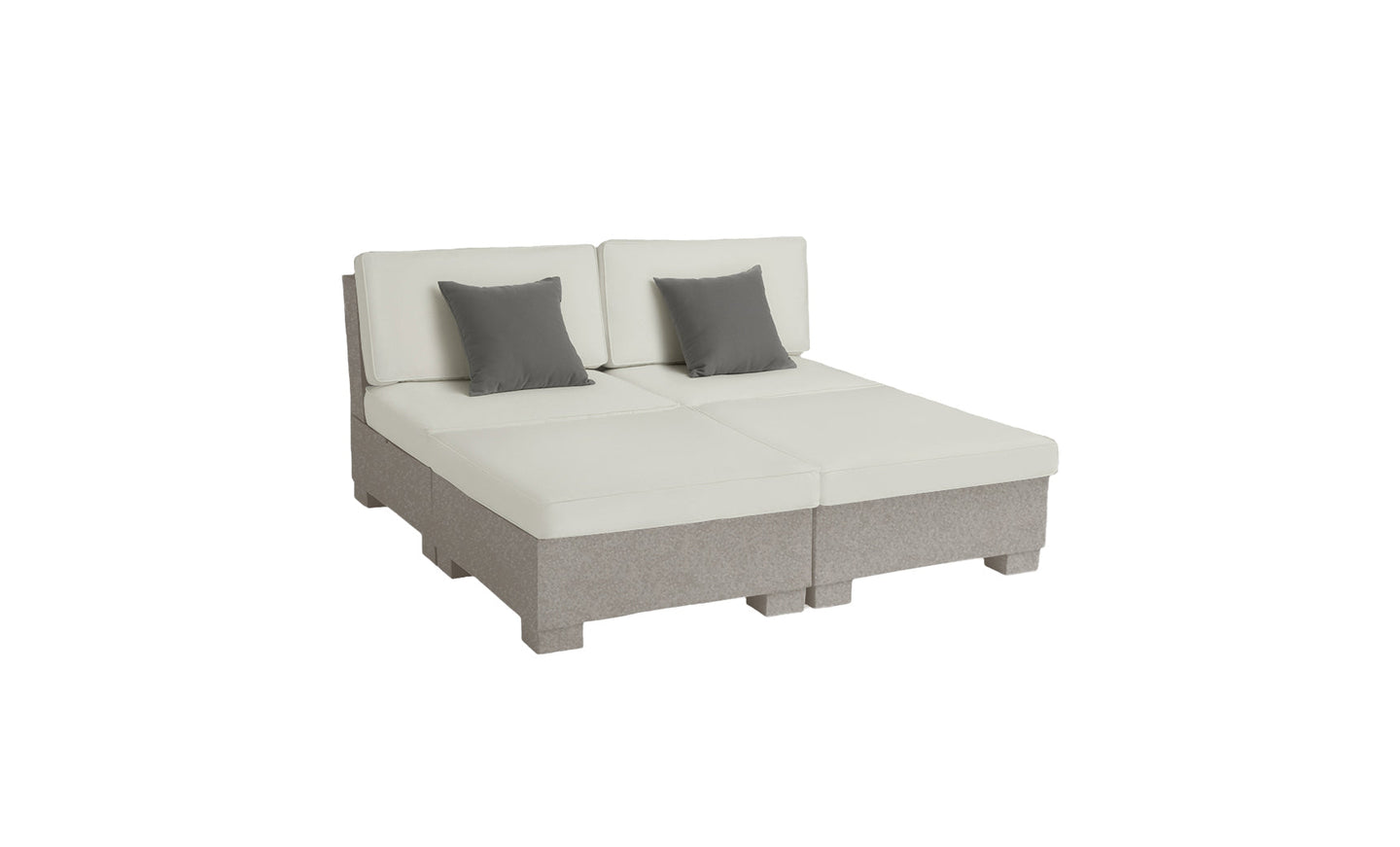 The Ledge Loungers Signature Sectional Sun Chair is a modular, four-piece beige sofa featuring white back cushions, two dark gray pillows, and spacious seating. Its inviting design is showcased on a white background, perfect for relaxation.