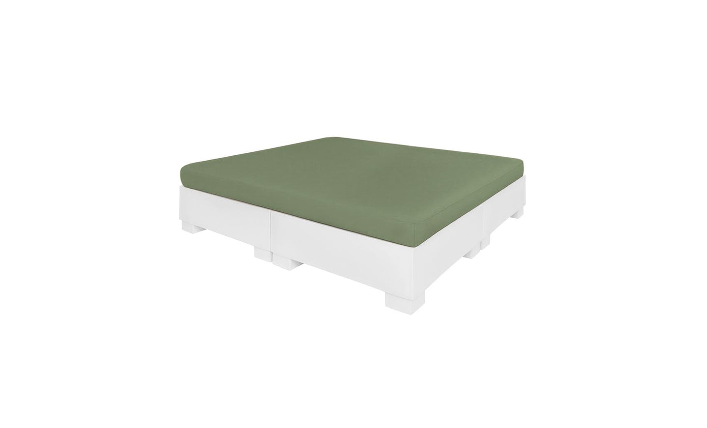 The Affinity Square Sunbed with Flat Cushion by Ledge Lounger is a minimalist coffee table with an olive-green top and white base, ideal for enhancing any outdoor space. Its sleek design pairs perfectly with the Affinity Sunbed and stands out against a plain white background.