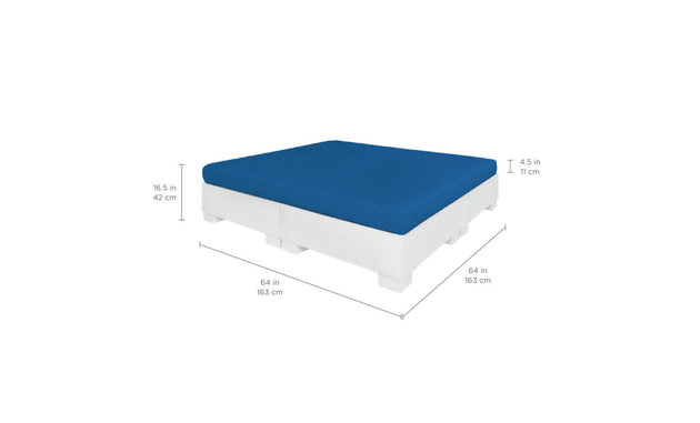Enjoy ultimate comfort with the Affinity Square Sunbed from Ledge Lounger. Featuring a blue square design, it offers 64 inches (165 cm) in length and width, with a white platform height of 16.5 inches (42 cm), ideal for outdoor or in-pool relaxation.