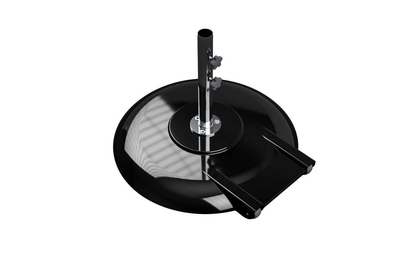 The Ledge Lounger Aluminum Umbrella Base is a sleek black powder-coated aluminum design with a shiny round surface and vertical metal pole attachment. It features a convenient foot pedal for mobility, offering ultimate umbrella security from an overhead view.