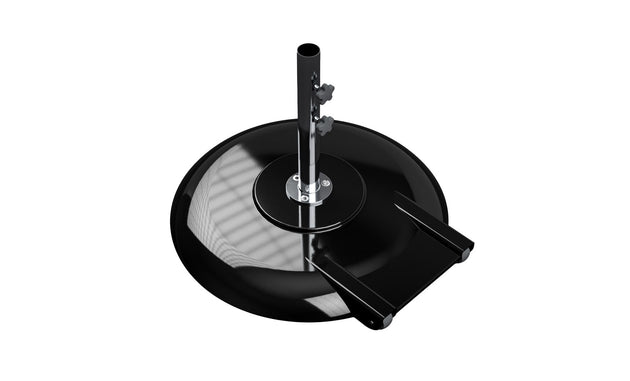 The Ledge Lounger Aluminum Umbrella Base is a sleek black powder-coated aluminum design with a shiny round surface and vertical metal pole attachment. It features a convenient foot pedal for mobility, offering ultimate umbrella security from an overhead view.