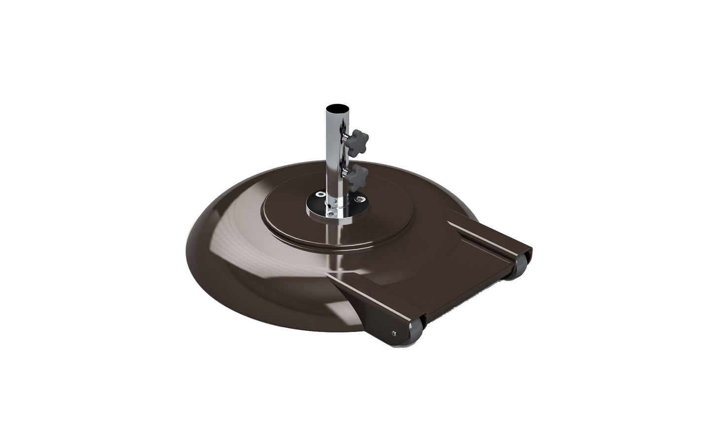 The Aluminum Umbrella Base by Ledge Lounger, in dark brown with a round design, features a durable powder-coated aluminum build. It includes a sleek silver pole, two adjustment knobs for stability, and a handle for easy mobility against the plain white background.