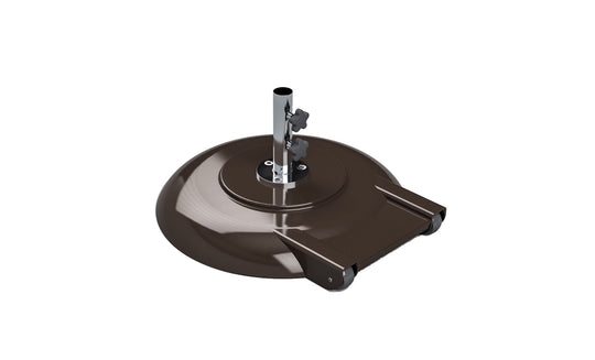The Ledge Lounger Aluminum Umbrella Base features a metallic brown finish with a chrome-colored pole and two knob screws for securing the umbrella. The round, powder-coated design includes a recessed area likely for wheels, ensuring style and functionality.