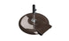 The Ledge Lounger Aluminum Umbrella Base is a brown, circular base with a chrome pole holder, featuring powder-coated aluminum. It includes two tightening knobs and a handle for easy movement, ensuring umbrella security.