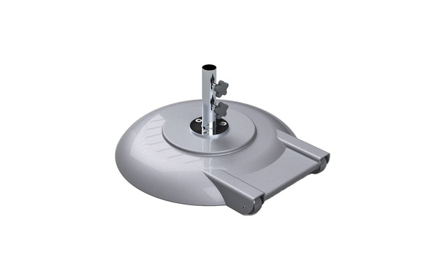 The Ledge Lounger Aluminum Umbrella Base is a sleek, gray circular base made from powder-coated aluminum with a central cylindrical holder and adjustable knobs. Its smooth, reflective surface ensures durability, while two wheels allow for easy mobility and secure placement on flat surfaces.
