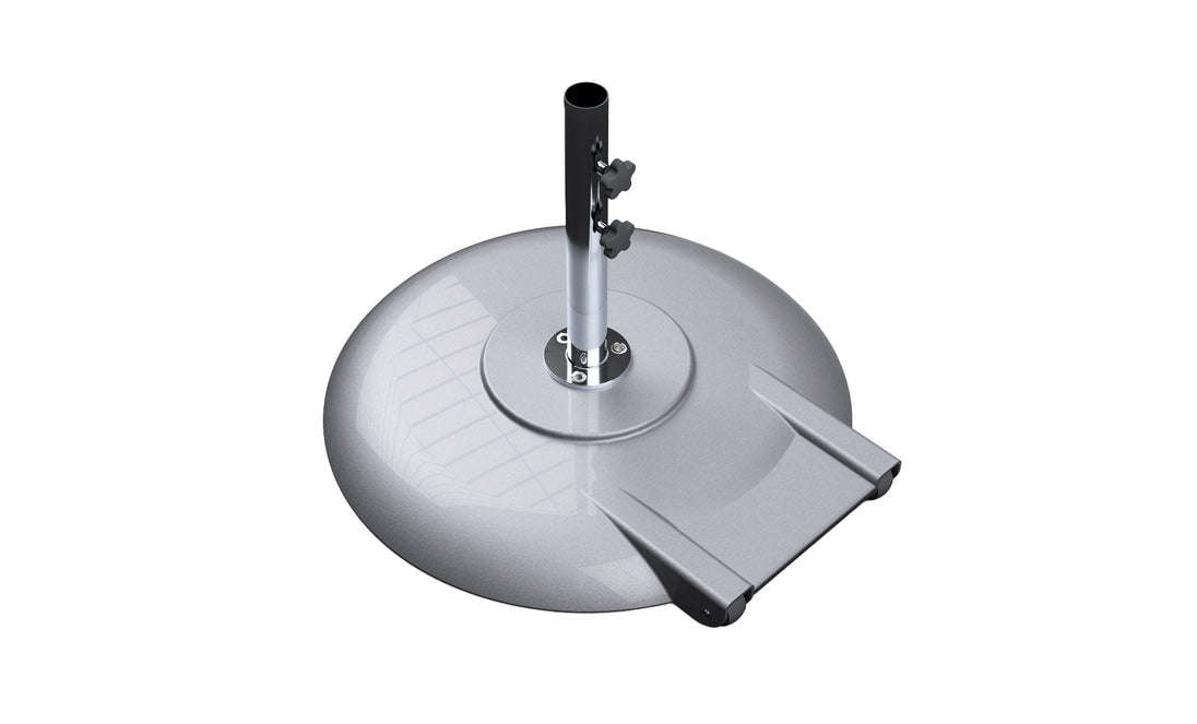 The Ledge Lounger Aluminum Umbrella Base boasts a powder-coated circular design with two tightening knobs for enhanced security, complemented by a glossy silver finish and a flat platform on one side for added stability.