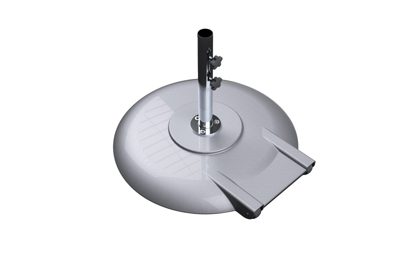 The Ledge Lounger Aluminum Umbrella Base boasts a powder-coated circular design with two tightening knobs for enhanced security, complemented by a glossy silver finish and a flat platform on one side for added stability.