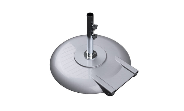 The Ledge Lounger Aluminum Umbrella Base is a round, powder-coated aluminum base with a vertical pole holder, two tightening knobs, and a flat extension for stability. It features a smooth, reflective silver surface to ensure enhanced umbrella security.