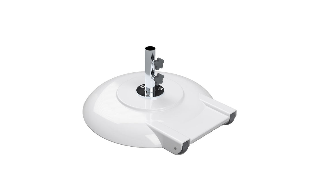 The Ledge Lounger Aluminum Umbrella Base features a white, powder-coated aluminum dome base with a vertical pole and adjustable knobs for secure umbrella placement. It includes wheels for easy mobility, ensuring sturdiness and versatility.