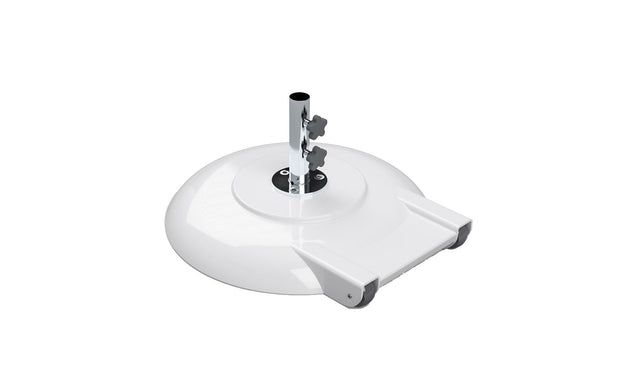 The Ledge Lounger Aluminum Umbrella Base features a white, powder-coated aluminum dome base with a vertical pole and adjustable knobs for secure umbrella placement. It includes wheels for easy mobility, ensuring sturdiness and versatility.