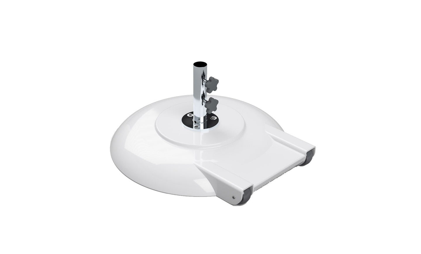 The Ledge Lounger Aluminum Umbrella Base is a white, round, powder-coated aluminum design featuring a hollow cylinder for the pole, two adjustment knobs, and wheels for effortless movement. It combines durability with style while ensuring convenience and umbrella security.
