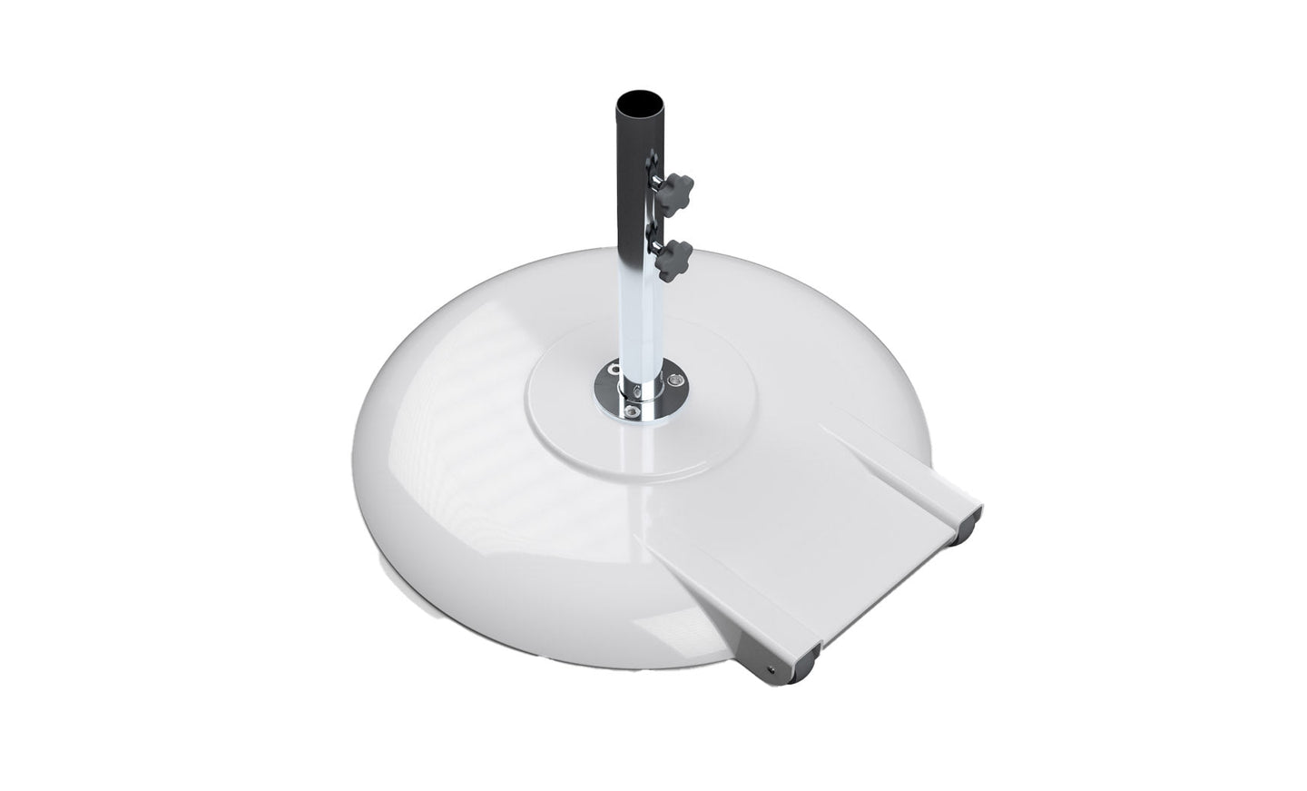 The Ledge Lounger Aluminum Umbrella Base, featuring a white powder-coated circular design, includes a shiny metal pole with two adjustable knobs for securing umbrellas. It also has a rectangular extension for enhanced stability.