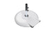 The Ledge Lounger Aluminum Umbrella Base, featuring a white powder-coated circular design, includes a shiny metal pole with two adjustable knobs for securing umbrellas. It also has a rectangular extension for enhanced stability.