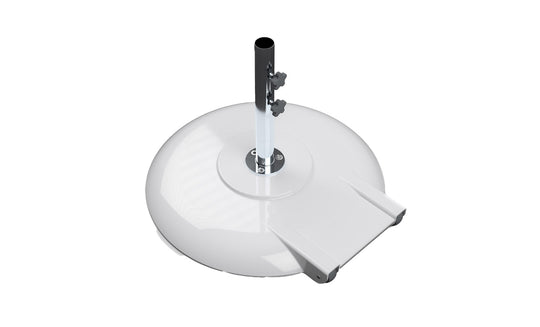 The Aluminum Umbrella Base by Ledge Lounger features a white, circular design made of powder-coated aluminum with a metallic pole holder. It includes two adjustment knobs for secure placement and a pedal mechanism for easy movement, while its shiny surface elegantly reflects light.