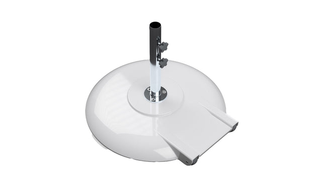 The Aluminum Umbrella Base by Ledge Lounger features a white, circular design made of powder-coated aluminum with a metallic pole holder. It includes two adjustment knobs for secure placement and a pedal mechanism for easy movement, while its shiny surface elegantly reflects light.
