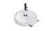 The Aluminum Umbrella Base by Ledge Lounger features a white, circular design made of powder-coated aluminum with a metallic pole holder. It includes two adjustment knobs for secure placement and a pedal mechanism for easy movement, while its shiny surface elegantly reflects light.