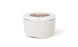 The Halo Firepit by Ledge Lounger is a sleek, modern round propane fire pit with a visible rock interior and small flames, complemented by a minimalist white concrete design that enhances any outdoor ambiance against a white background.