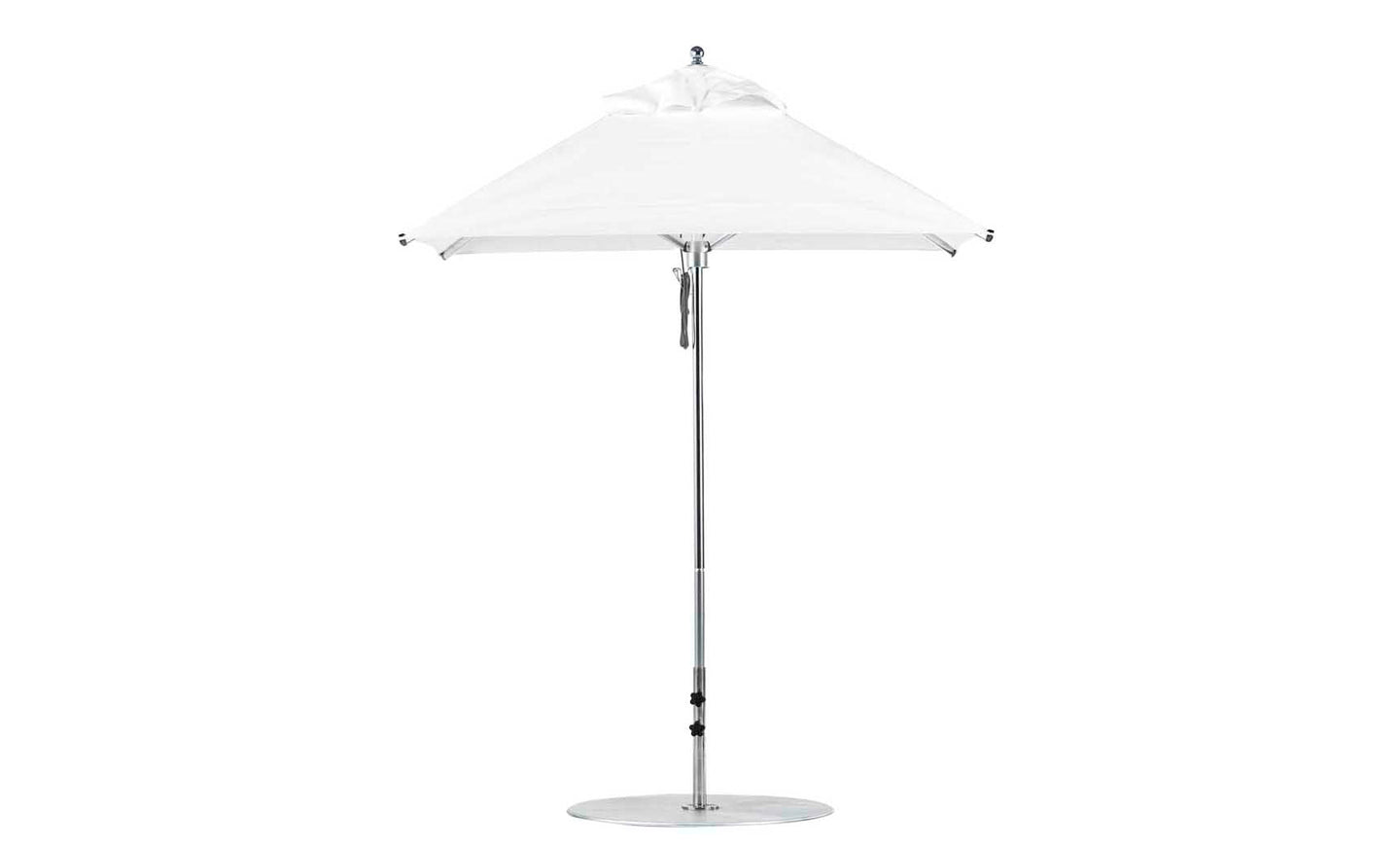 The Ledge Lounger Premier Aluminum Umbrella features a 6.5 square canopy in marine-grade fabric, a sleek silver pole, and a round base. This wind-resistant umbrella provides excellent shade against a plain white background.