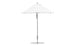 The Ledge Lounger Premier Aluminum Umbrella features a 6.5 square canopy in marine-grade fabric, a sleek silver pole, and a round base. This wind-resistant umbrella provides excellent shade against a plain white background.