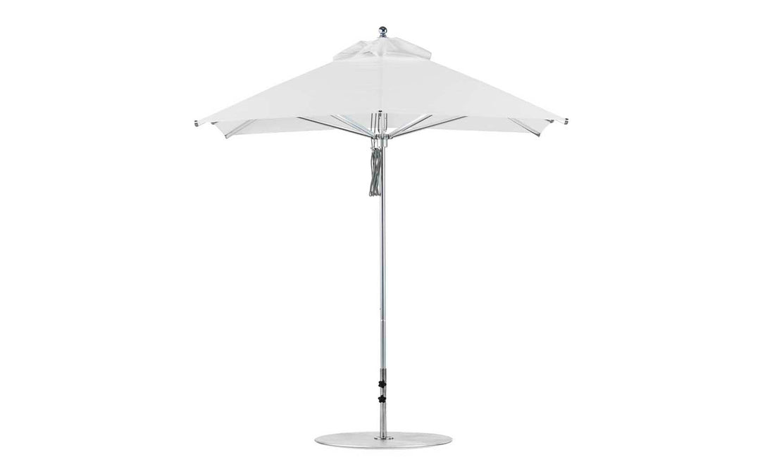 The Ledge Lounger Premier Aluminum Umbrella, a white 7.5 square design with a metal pole and round base, offers reliable shade. Its modern wind-resistant design features a pointed top, providing excellent sun protection when fully open.