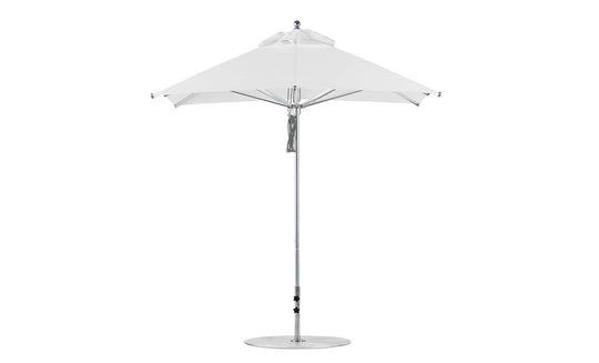 The Ledge Lounger Premier Aluminum Umbrella, a white 7.5 square design with a metal pole and round base, offers reliable shade. Its modern wind-resistant design features a pointed top, providing excellent sun protection when fully open.