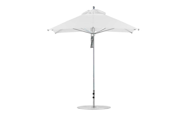 The Ledge Lounger Premier Aluminum Umbrella, a white 7.5 square design with a metal pole and round base, offers reliable shade. Its modern wind-resistant design features a pointed top, providing excellent sun protection when fully open.