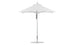 The Ledge Lounger Premier Aluminum Umbrella, a white 7.5 square design with a metal pole and round base, offers reliable shade. Its modern wind-resistant design features a pointed top, providing excellent sun protection when fully open.