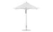 The Ledge Lounger Premier Aluminum Umbrella, a white 7.5 square design with a metal pole and round base, offers reliable shade. Its modern wind-resistant design features a pointed top, providing excellent sun protection when fully open.