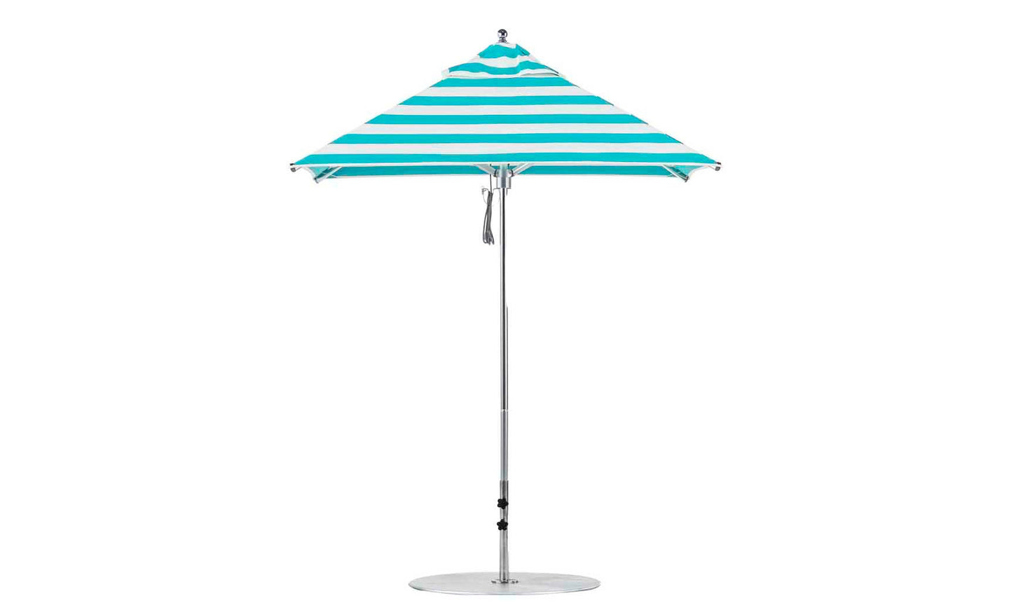 The Premier Aluminum Umbrella by Ledge Lounger features turquoise and white marine-grade fabric in a square design with a central silver pole, round base, and wind-resistant canopy that forms a conical shape. It is complemented by a small finial at the top.