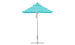 The Premier Aluminum Umbrella by Ledge Lounger features turquoise and white marine-grade fabric in a square design with a central silver pole, round base, and wind-resistant canopy that forms a conical shape. It is complemented by a small finial at the top.