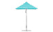 The Premier Aluminum Umbrella by Ledge Lounger features turquoise and white marine-grade fabric in a square design with a central silver pole, round base, and wind-resistant canopy that forms a conical shape. It is complemented by a small finial at the top.