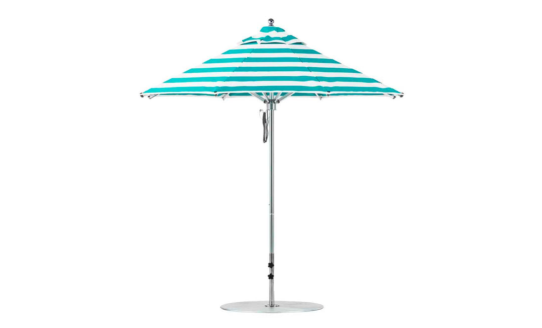 Introducing the Ledge Lounger Premier Aluminum Umbrella - 7.5 Octagon Pulley: A beach umbrella with a teal and white striped, wind-resistant canopy made of marine-grade fabrics, a round base, and sturdy metal pole for stylish and reliable sun protection.