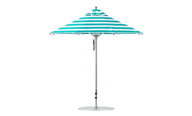 Introducing the Ledge Lounger Premier Aluminum Umbrella - 7.5 Octagon Pulley: A beach umbrella with a teal and white striped, wind-resistant canopy made of marine-grade fabrics, a round base, and sturdy metal pole for stylish and reliable sun protection.