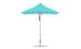 The Premier Aluminum Umbrella by Ledge Lounger features a turquoise and white striped design with marine-grade fabrics, set on a pointed aluminum pole and circular base. Its wind-resistant structure ensures stability when fully open, highlighting its symmetrical appeal.